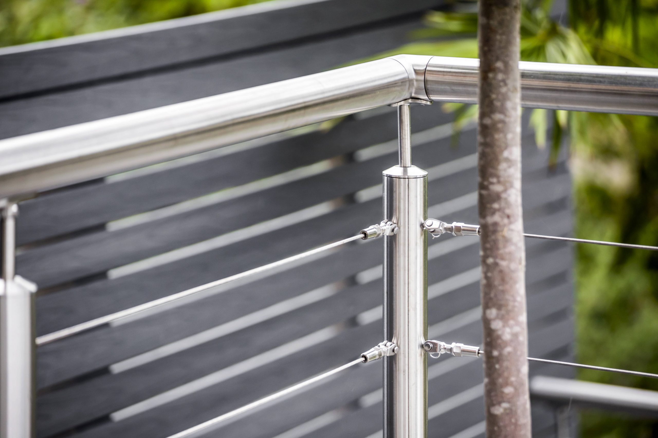 steel balustrade with grey composite decking in background